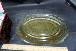 Yellow Glass Decorative Platter (Chipped) & Box W/ China Bowl (Cracks)