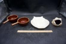 2 Stoneware Pots, Owl Plate & Frog Planter