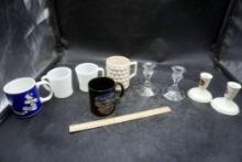 Assorted Mugs (Some Fire-King) & Candlestick Holders