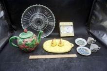 Strawberry Teapot, Serving Tray, Hen Deviled Egg Plate, Decorative Cups & Saucers