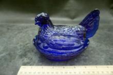 Blue Glass Nesting Hen Trinket Container