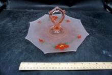Frosted Pink Glass Server Painted W/ Flowers & Handle