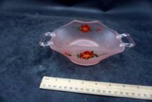 Frosted Pink Glass Bowl W/ Painted Flowers