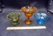 Green Glass Bowl, Orange Ruffle Bowl & Blue Glass Bowl