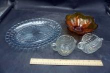 Glass Platter, Glass Leaf Bowl, Cream & Sugar