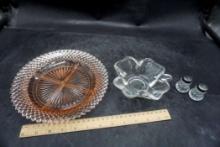 Divided Glass Tray, Glass Clover Dish & Shakers