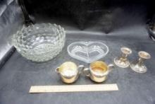 Glass Bowl, Heart Divided Dish, Tudor Plate Cream & Sugar, Candlestick Holders