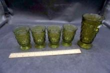 Green Glass Vase & Cups