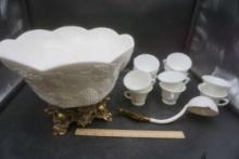 Footed Milk Glass Punch Bowl W/ Cups & Ladle