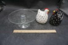 Glass Cake Stand & 2 Chicken Shakers