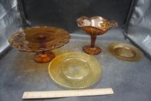 Amber Glass Cake Stand, Compote & Plates