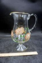 Painted Flower Glass Pitcher