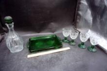 Green Glass Serving Set - Tray, Decanter & Glasses