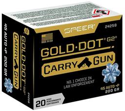 Speer 24258 Gold Dot Carry Gun 45 ACP P 200 gr 1080 fps Hollow Point HP 20 Bx