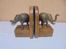 Set of Vintage Wood & Brass Elephant Bookends