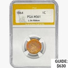 1864 Indian Head Cent PGA MS61 L On Ribbon