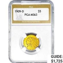 1909-D $5 Gold Half Eagle PGA MS63