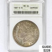 1881-S Morgan Silver Dollar ANACS MS64