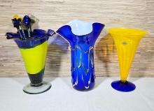 3 Art Glass Vases and Flowers