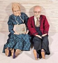 Pair Of Antique French Wax Head Grandmother And Grandfather Doll With Original Clothing
