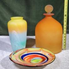 3 Pieces Of Vintage Colored Art Glass