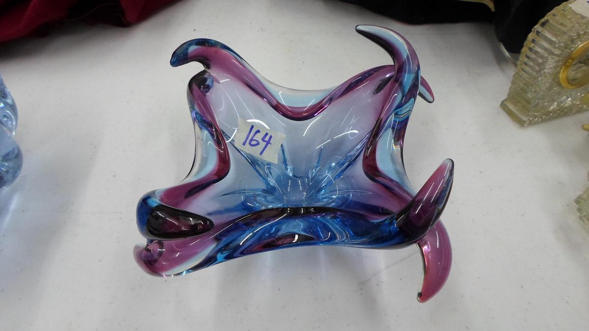 art glass, blue handmade bowl with pink accents