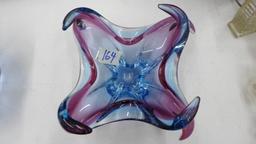 art glass, blue handmade bowl with pink accents