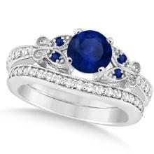 Butterfly Blue Sapphire and Diamond Bridal Set 14k White Gold 1.50ctw