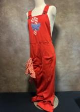 Vintage Western Red Overalls with Sewn Plaid Scarf and Candy Cane Front