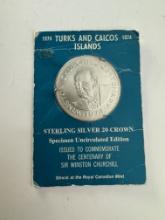 1974 WINSTON CHURCHILL 20 CROWNS - TURKS AND CAICOS ISLANDS STERLING SILVER