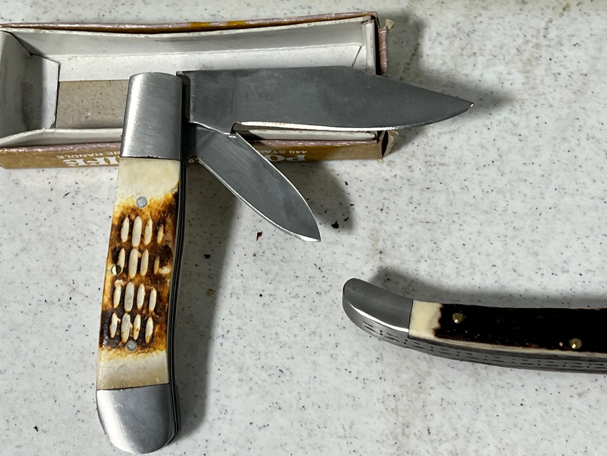 Damascus Folding Knife w/ 5" blade + Twin Tree Double Blade Pocket Knife appear unused