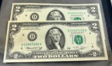 2- Sequential Serial Number 1976 $2.00 Bills, SELLS TIMES THE MONEY