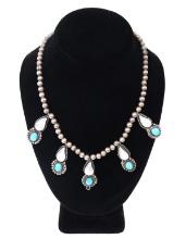 Beautiful Silver, Turquoise, & Mother of Pearl Zuni Necklace