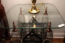 Victorian Style Wire and Wood Birdcage and Glass Top Side Table