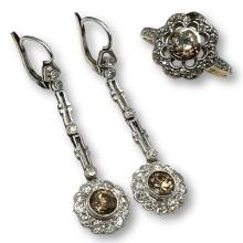 Antique Diamond and Fancy Orange-Brown Diamond Earrings and Ring