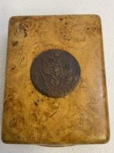 ANTIQUE RUSSIAN KARELIAN BIRCH CIGARETTE CASE DECORATED WITH COINS OF CATHERINE THE GREAT