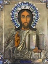 ANTIQUE IMPERIAL RUSSIAN ICON CHRIST PANTOCRATOR SILVER AND ENAMELS