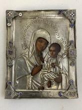 ANTIQUE IMPERIAL RUSSIAN 84 SILVER AND ENAMELS ICON MOTHER OF TICHVINSKAYA