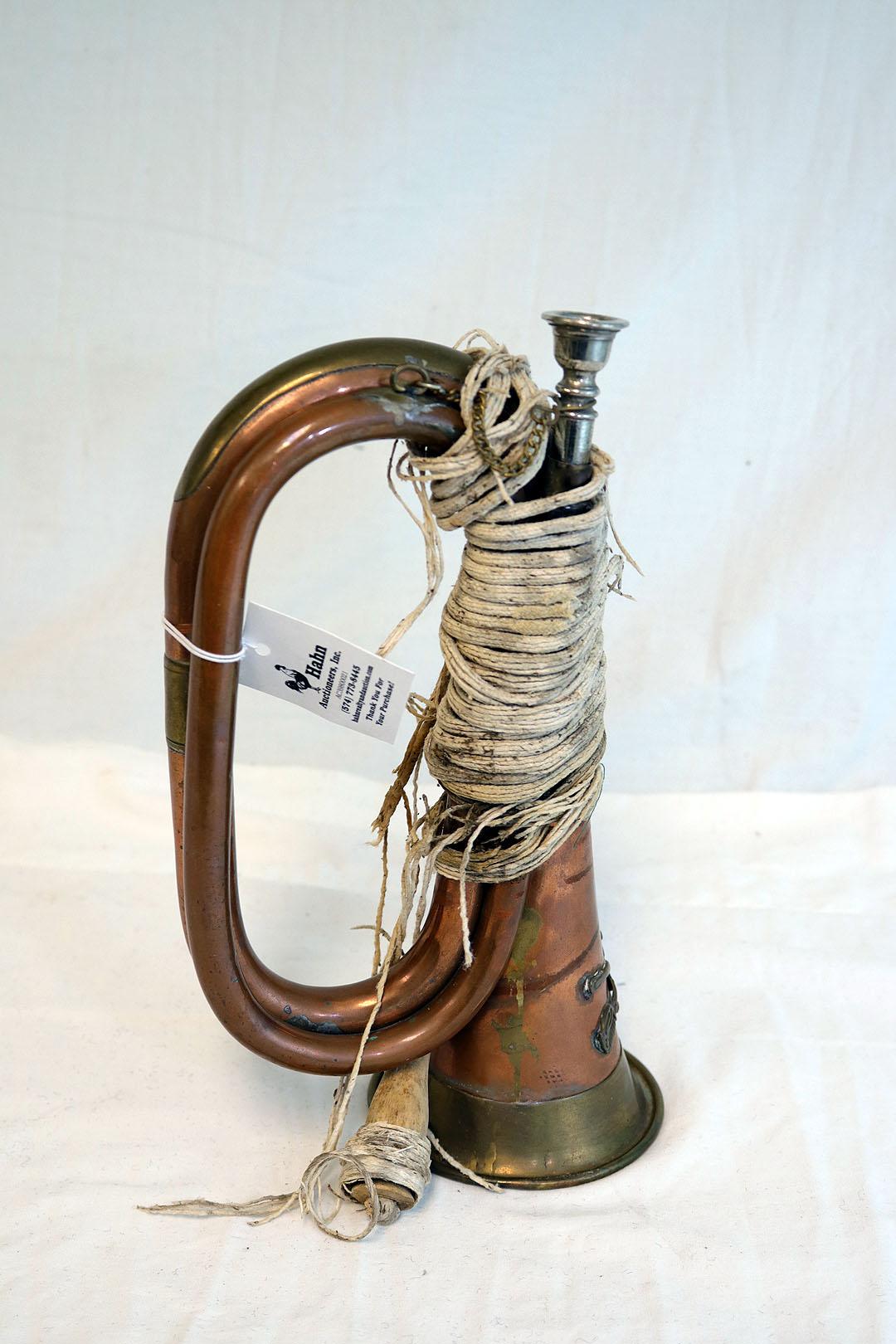 10.75" Copper & Brass Civil War-type Military Bugle w/ Cross Swords 7-A, ag
