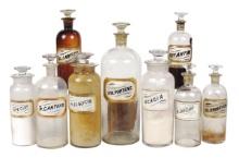 Apothecary Bottles & Jars (9), all round or square blown glass w/LUG, sever