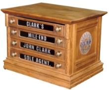 Spool Cabinet, Clark's Mile-End, narrow 4-drawer ash w/etched ruby glass &