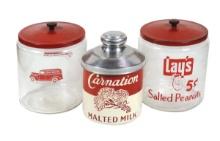Soda Fountain Countertop Containers (3), Carnation Malted Milk, embossed al