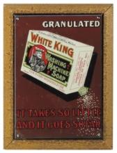 Country Store White King Washing Machine Soap Sign, embossed metal w/colorf