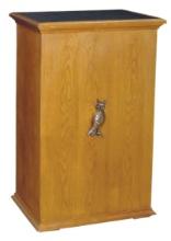 Slot Machine Stand, oak plywood w/bronzed metal "Mills" owl on front panel
