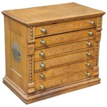 Spool Cabinet, John Clark Jr. Best Six Cord, oak 6-drawer w/pressed egg & d