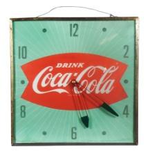 Coca-Cola Clock, 1960's fishtail in red, green & white, electric w/convex o