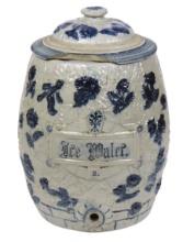 Stoneware Ice Water Cooler, White's Utica-NY, blue/gray 2 gal w/floral desi