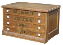 Spool Cabinet, Willimantic Six Cord, oak 4-drawer, VG orig finish & gilt le