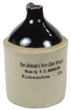 Stoneware Jug, Johnson's Pure Cider Vinegar-Kishwaukee, Ill, 1 gal, VG+ con