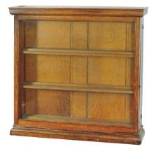 Display Case, oak wall mount w/3 shelves, hinged door on R side for easy ac